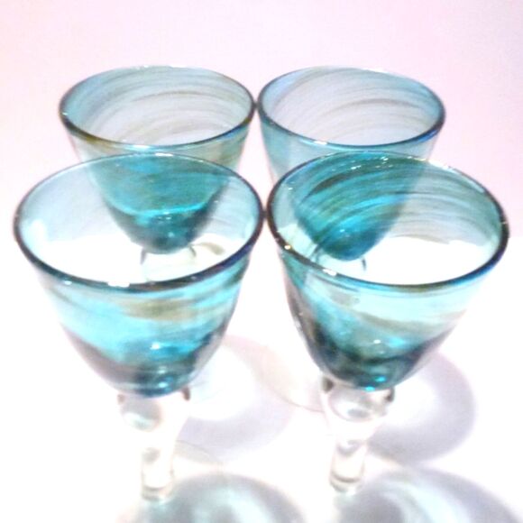 Set of Four Vintage Hand Blown Heavy Blue and Gold Swirl Goblets - Picture 2 of 5